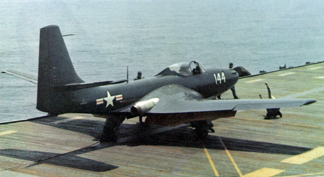 A US Navy McDonnell FH-1 Phantom of Fighter Squadron 17A (VF-17A) “Phantom Fighters” taxis for takeoff from the light aircraft carrier USS Saipan (CVL 48) in May 1948. Note the placement of the engine exhaust away from the fuselage.